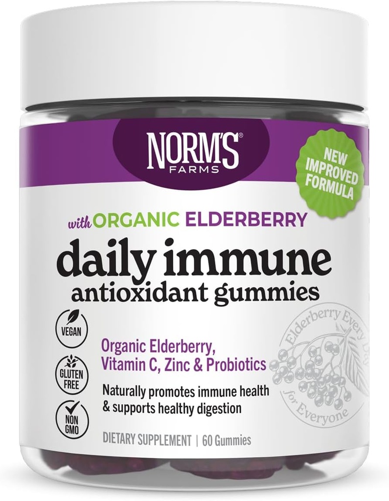 Norm's Farms Organic Elderberry Gummies - Daily Immune Support for Adults & Kids with Zinc, De111 Probiotic, ויטמין C - Made in USA, 3rd Party Tested - טבעוני, Gluten-Free, כשר, non-GMO, 60 חניכיים