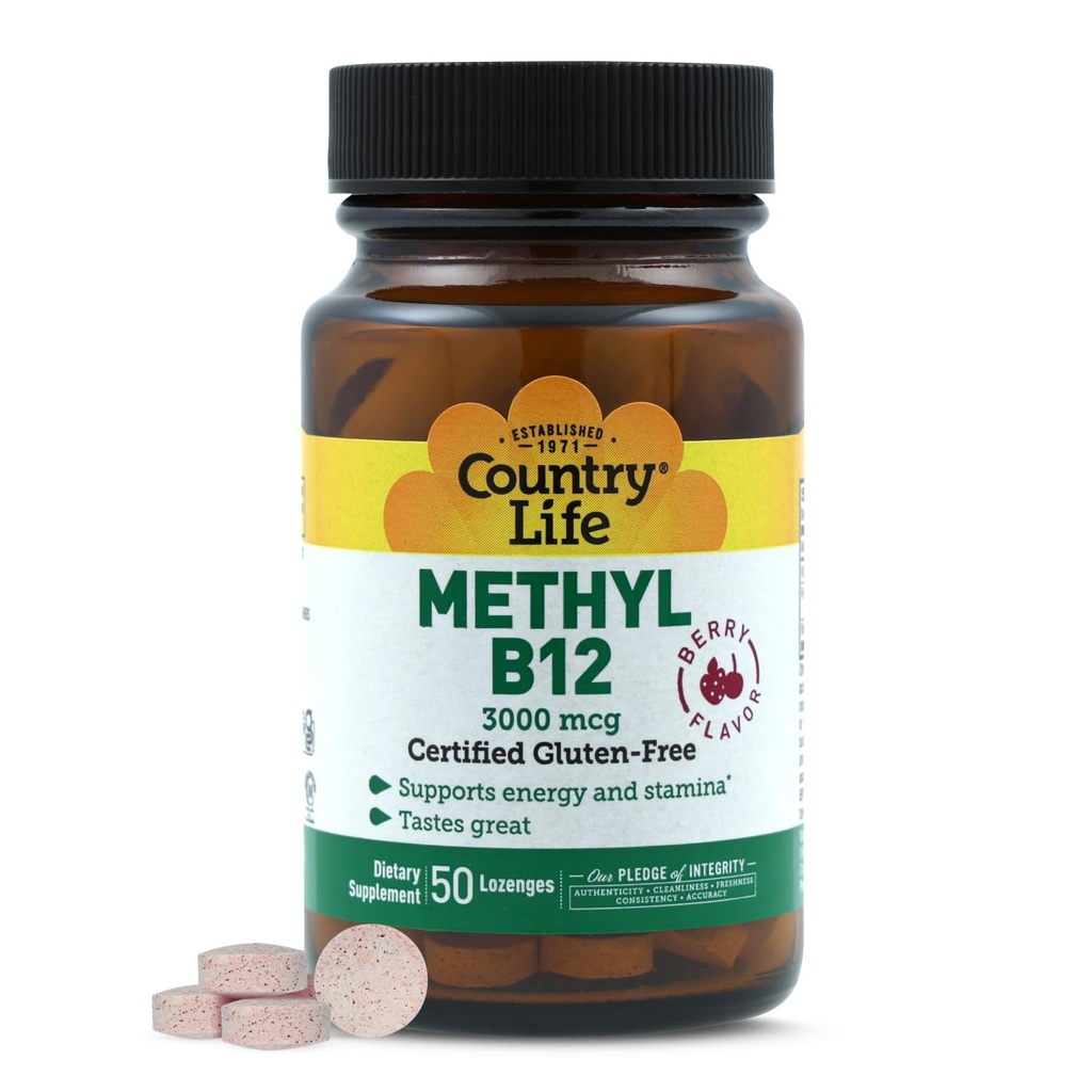 המדינה חיים Methyl B-12 3000 mcg Lozenges, טבעוני, Methylcobalamin עבור אנרגיה, ו, בקלות Absorbed, B12 ויטמין, תומך רמות אנרגיה, Stamina & Metabolism, 50 Count Count Countplas