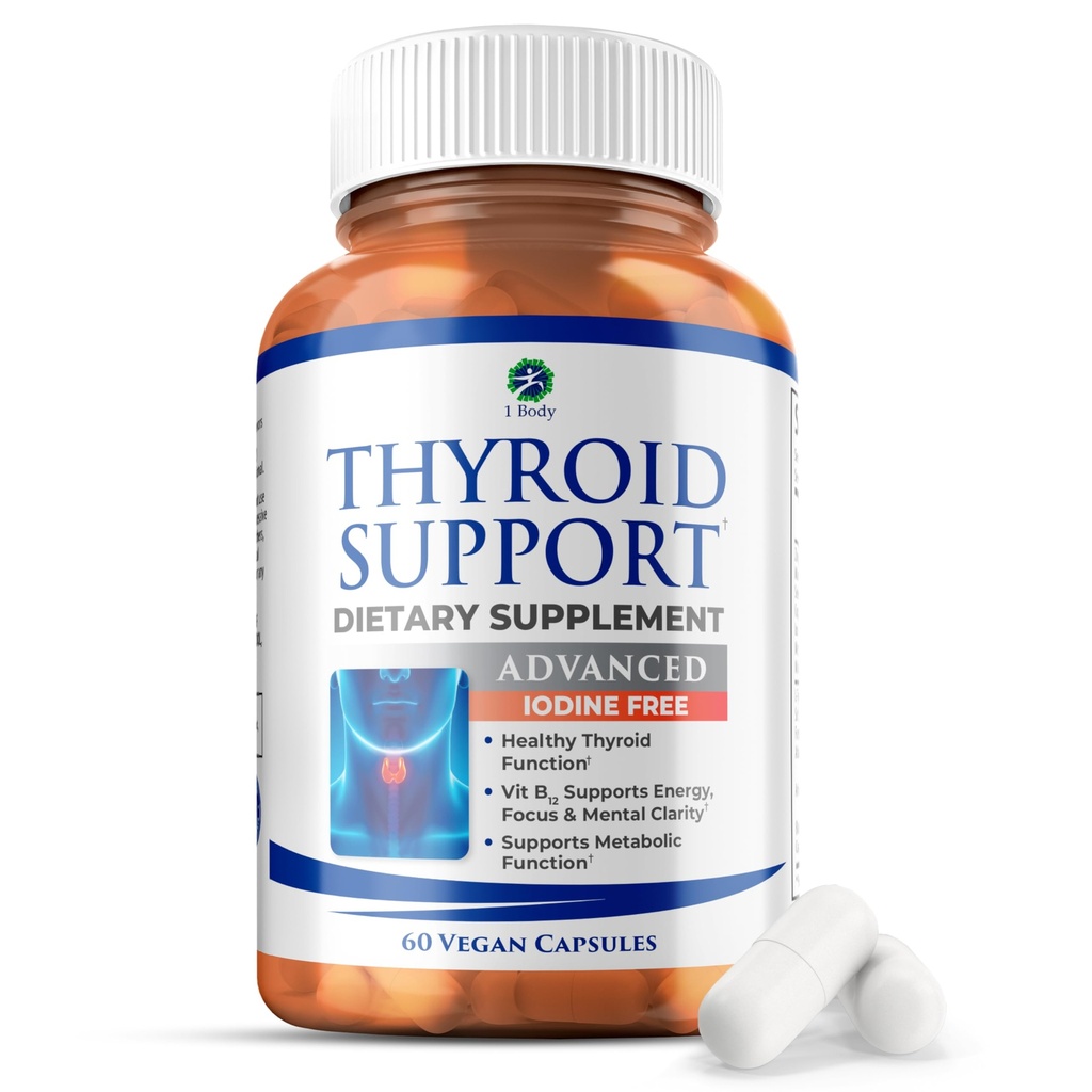 1 גוף Thyroid תומך תוסף, Iodine-Free, טבעוני עם L-Tyrosine ו Ashwagandha, 60 קפסולות