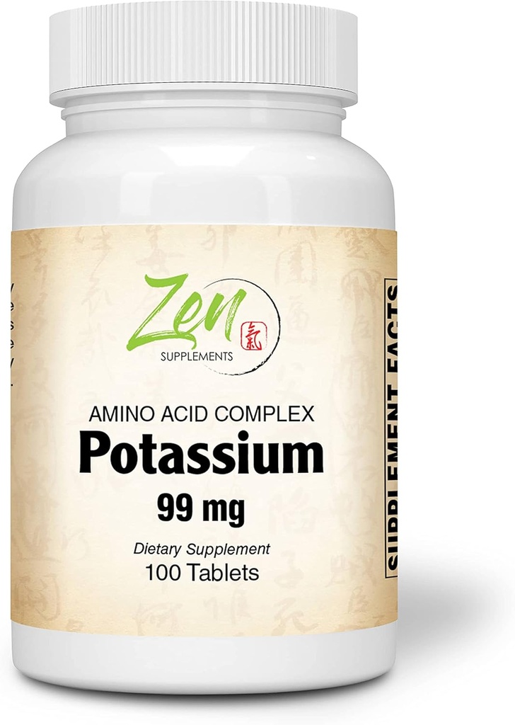 תוספי זן - Potassium 99 מ"ג (Amino Acid) 100-Tabs - Fluid & Electrolyte Balance Formula - Heart, Nerve & שרירים פונקציות תמיכה