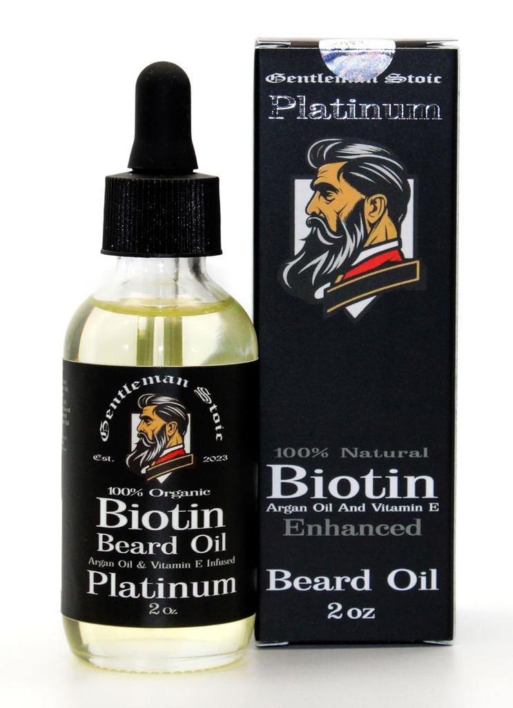 Platinum Beard Oil for Men - Natural Biotin Enhanced Beard Growth Oil - Argan & ויטמין E - Softens and controls - Beard Growth Oil for Men - Spiced Vanilla Scent (2oz - Pack of 1)