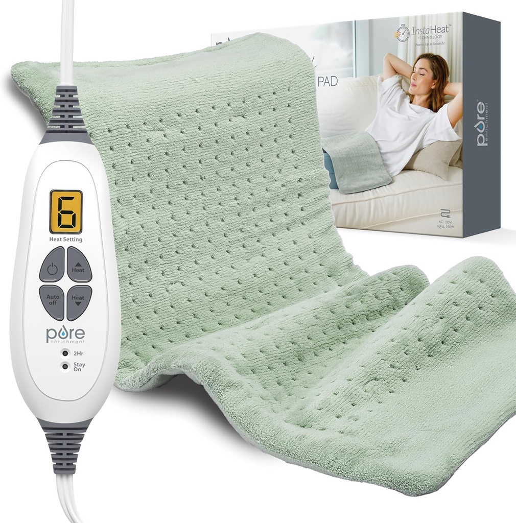 Pure Enrichment PureRelief XL Heating Pad - 12" x 24 " Electric Heating Pad for Back Pain & Cramps, 6 הגדרות חום, FSA / HSA Eligible, Soft Machine Wash, Auto-Off & Moist Heat (Zen Green)