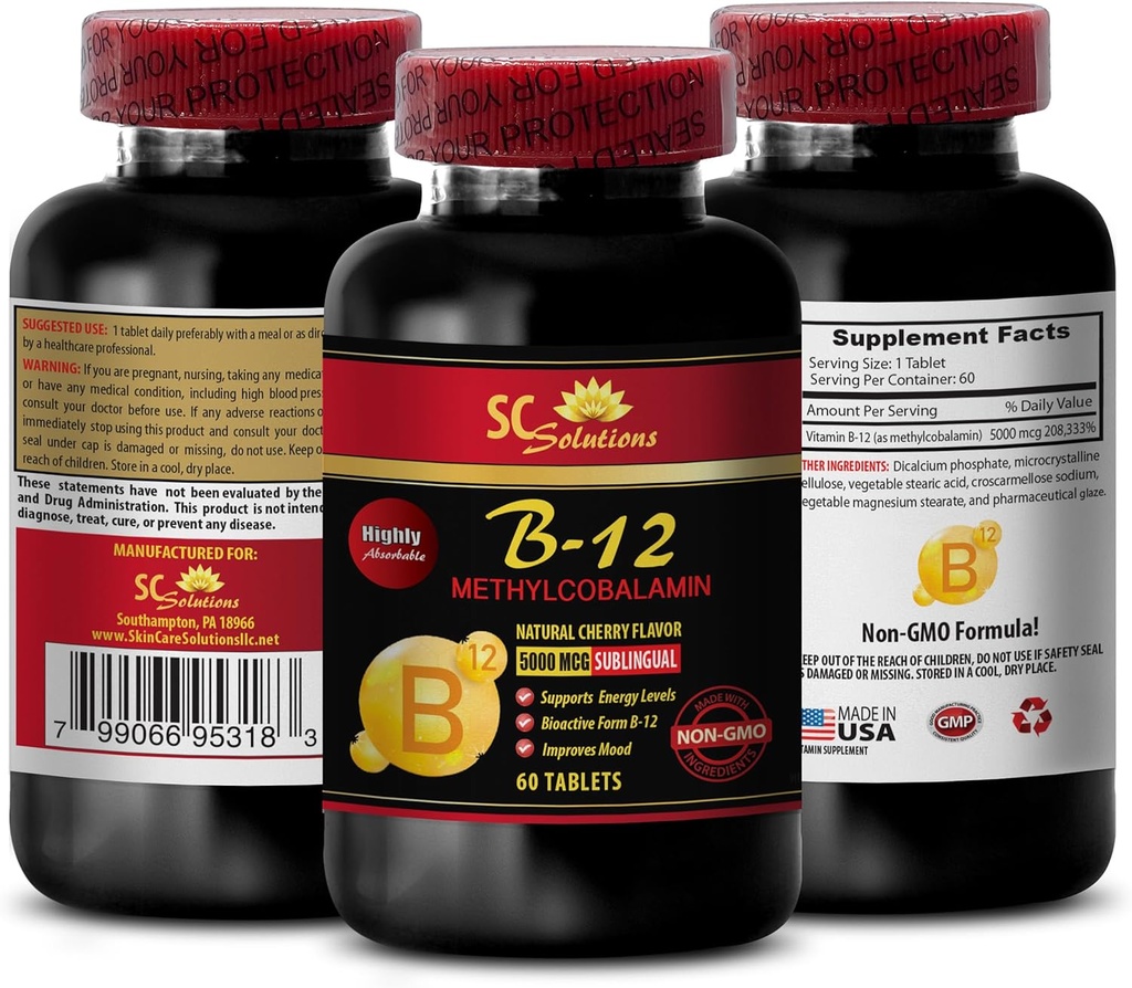 B12 עם methylcobalamin - METHYLCOBALAMIN VITAMIN B-12 5000 - ויטמינים נגד ההזדקנות עבור נשים, גלולות אבקת תוספי אנרגיה, ויטמינים אנרגיה עבור נשים מעל 50, סיבולת - 1 בקבוק 60 Tabs
