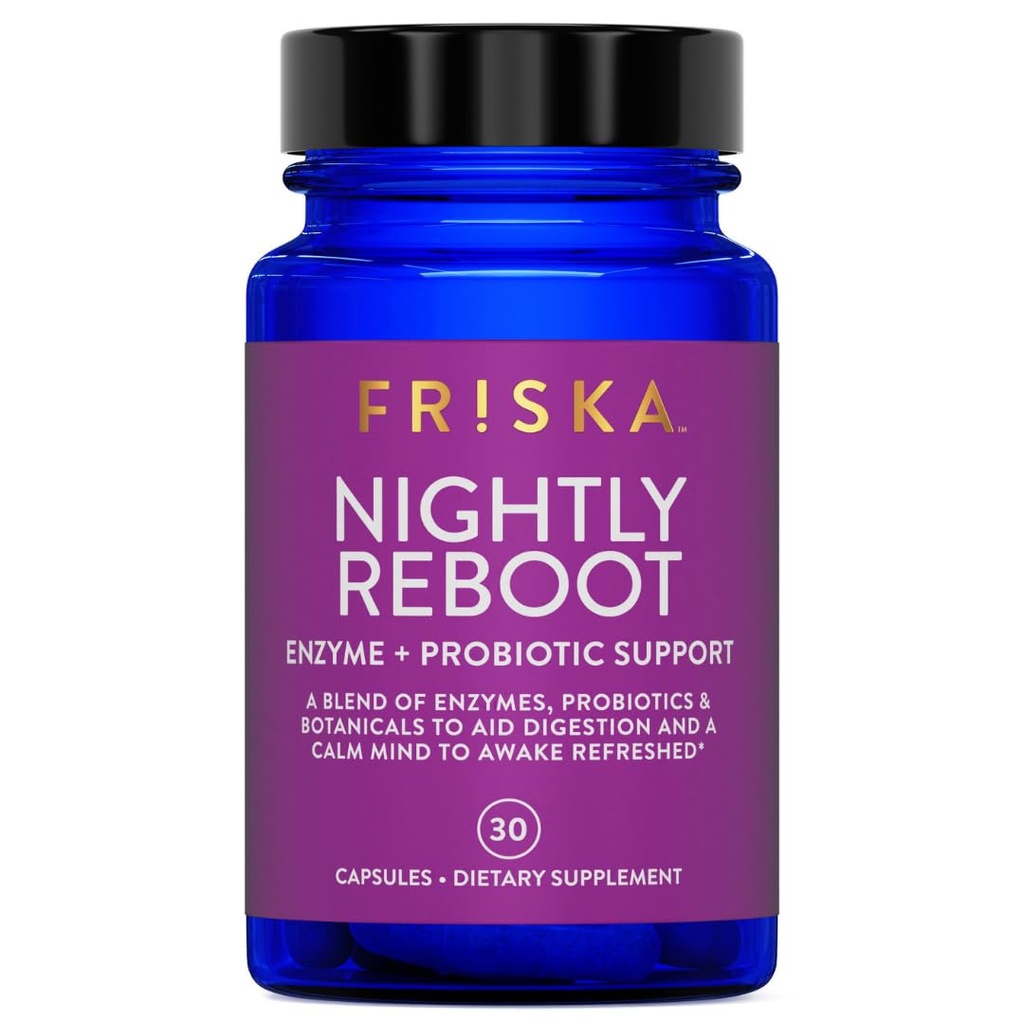 FRISKA Nightly Reboot Enzyme ו Probiotics תוסף, מקדם Better Digestion ושינה, תומך Gut בריאות עבור גברים ונשים, מלטונין, Chamomile, 30 קפסולות