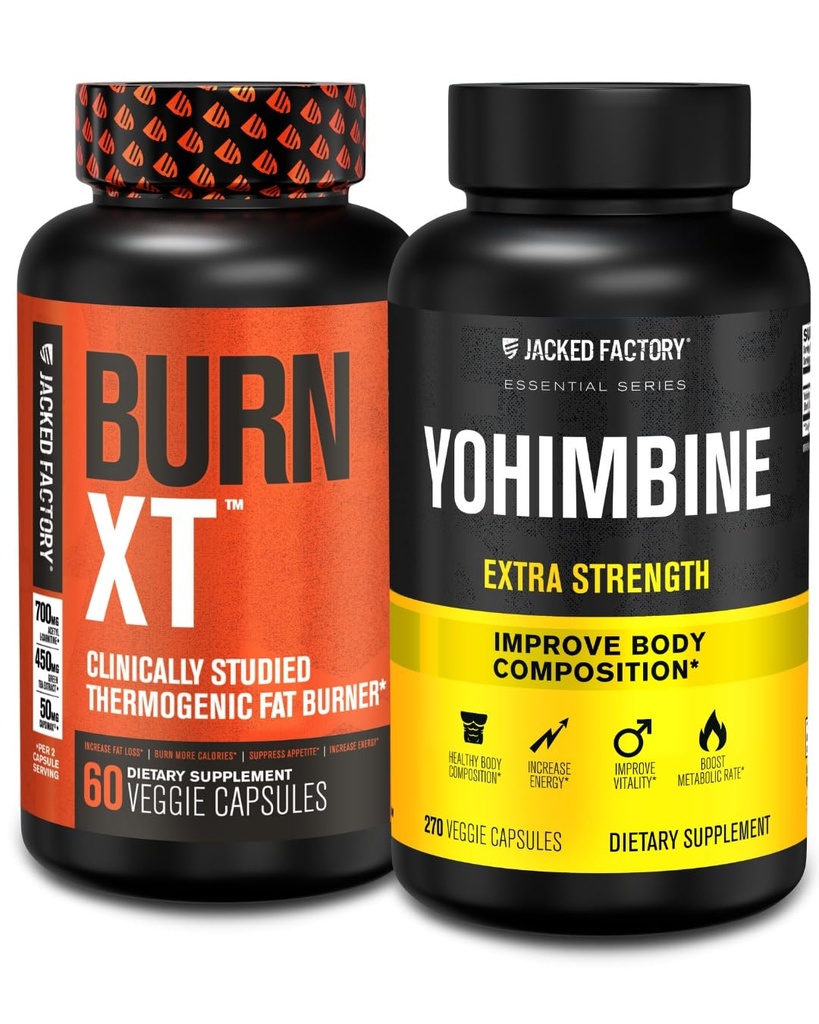 Jacked Factory Fat Burner with Yohimbine - תוספי Thermogenic לגברים ונשים - Burn-XT Thermogenic Fat Burner & Yohimbine תוספת כוח תוספת של 2.5 מ"ג, 270 קפסולות