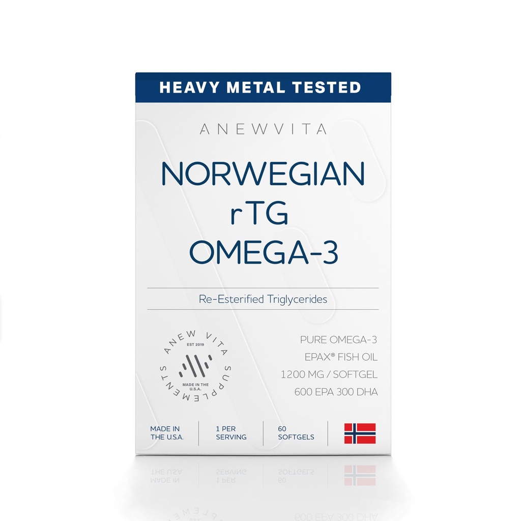 נורוויג'ן rTG אומגה 3 שמן דגים עבור המוח והלב Boost, Triglyceride Fish אומגה 3 תוספי מזון, 300 DHA 600 EPA אומגה 3 Softgels Essential Fatty Acids לעיניים, Skin & Joints, 1200 מ"ג, 60 משרתים.