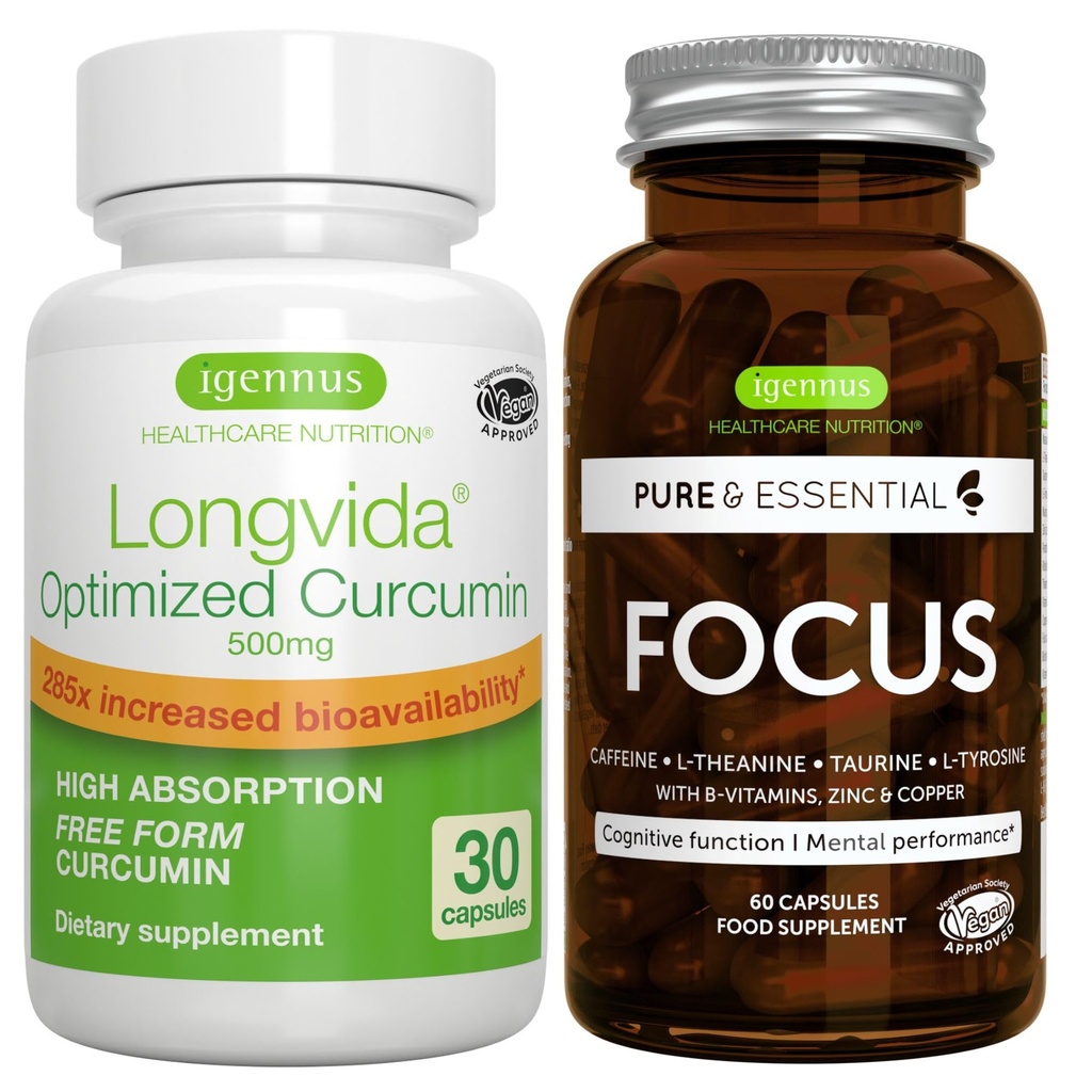 Longvida Lipidated Curcumin 500 מ"ג + Focus Brain Booster טבעוני Bundle, Ultra Bioavailable Curcumin + Caffeine, L-theanine, Tairine & L-Tyrosine, B-Vitamins, Zinc & Copper, על ידי Igennusssssssss, על ידי Igennus