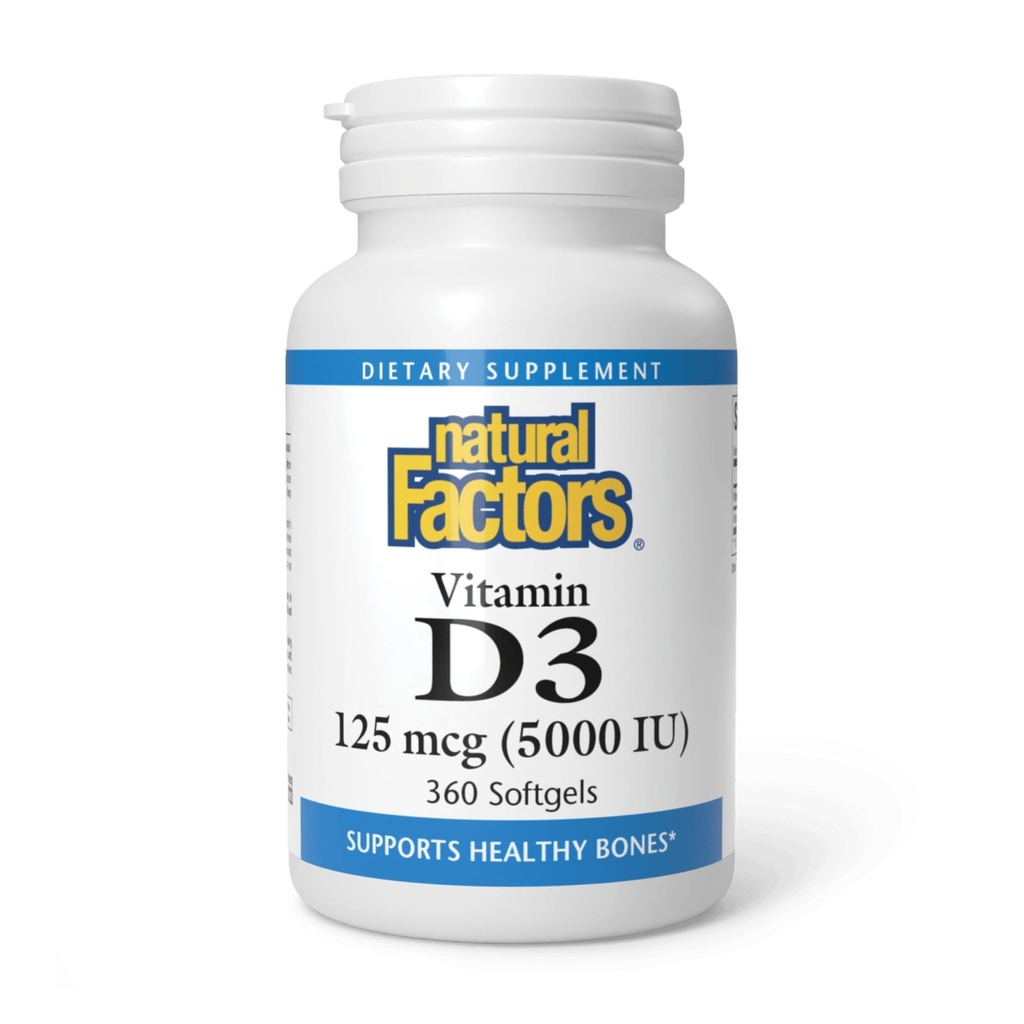 גורמים טבעיים, ויטמין D3 5000 IU (125 mcg), תומכים עצמות חזקות, שרירים ותפקוד Immune, 360 Softgels