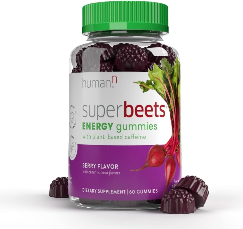 HumanN SuperBeets Energy Gummies - Quick Energy & Mental Focus - מסייע להגדיל את Nitric Oxide - תמיכה בלחץ דם בריא ו Circulation - אנטי-חמצן, non-GMO - ברי פלפור, 60 הרוזן