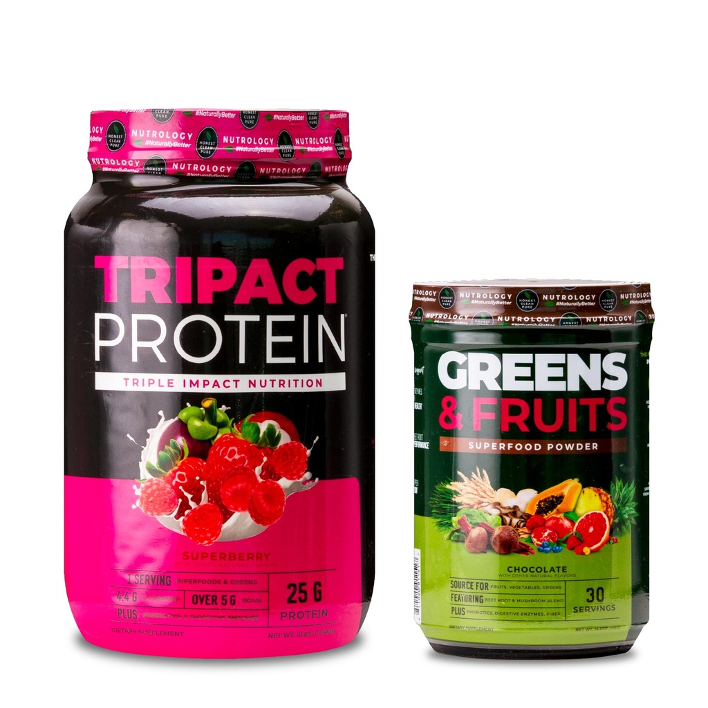 אבקת חלבון Nutrology TRIPACT, 7-in-1 Meal החלפת Shake, Superberry (40 משרתים) Greens & פירות אבקת-Naturly Sourceed Superfood, שוקולד (30 משרתים)