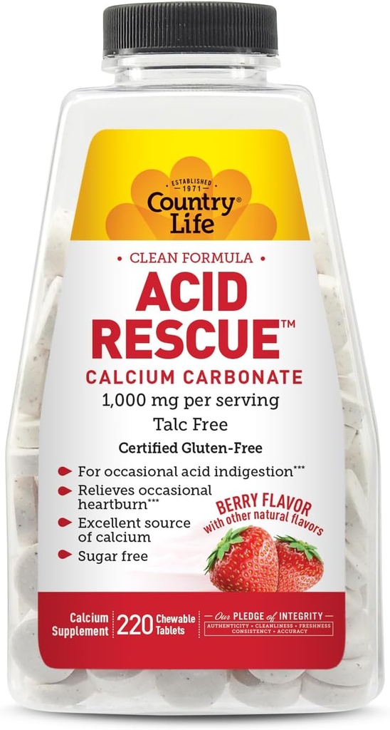 Country Life Acid Rescue Chewable Tablet - מוסמך טבעוני & Gluten-Free Heartburn הקלה, 400 מ"ג Calcium & Magnesium, non-GMO, Sugar-Free Mint Flavor, תומך בריאות העצם, 220 הרוזן