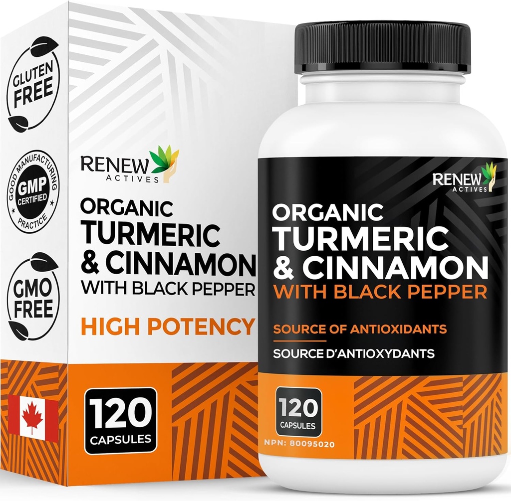 Renew Actives Organic Turmeric 474MG & Cinnamon 50MG ל 2 קפסולות - עם Curcumin & BioPerine for Absorption - תמיכה Metabolism, Joint Health & Digestion - מיוצר בקנדה - 120 קפסולות