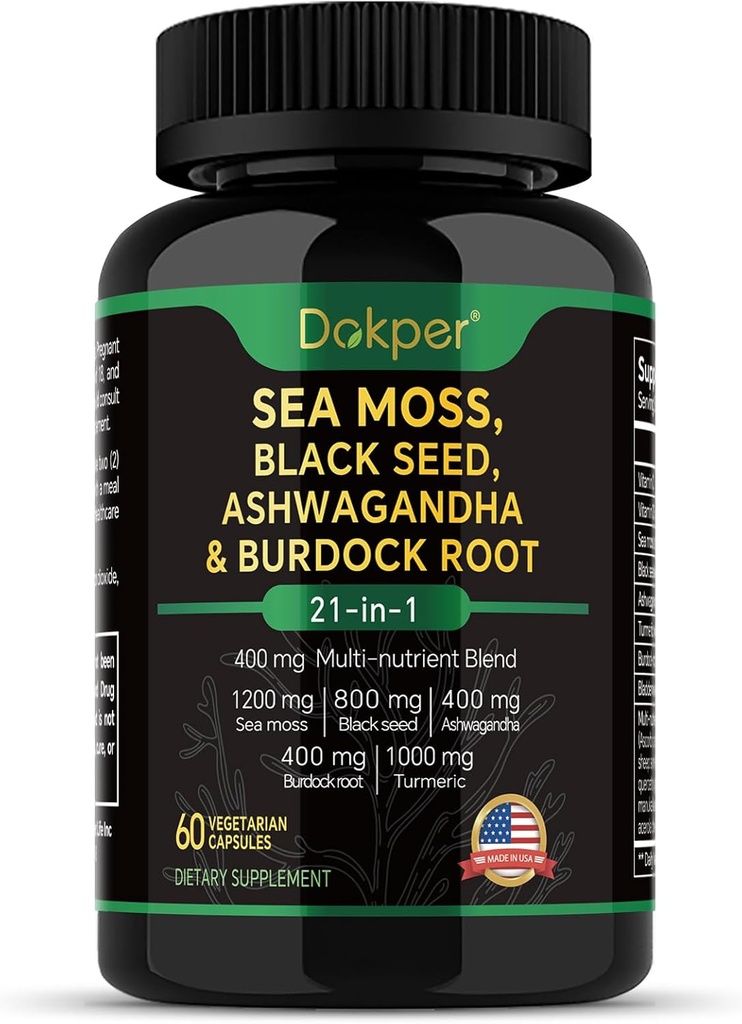 Sea Moss, Ashwagandha, Black Seed שמן תוספת, ויטמין C & D3 עם Turmeric, Bladderwrack & Burdock Root, תמיכה צמחית טבעית לגברים ונשים 60 קפסולות, תוספי תזונה, Pack של 1 1 1