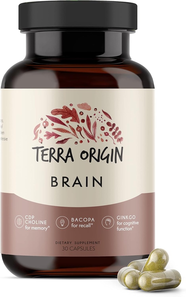 Terra Origin, תוספי מוח בריאים, קפסולות, 30 משרתות, עם CDP Choline, Genekgo Biloba Extract, ו Bacopa - עבור בריאות המוח, משפר את הזיכרון, Recall ותפקוד