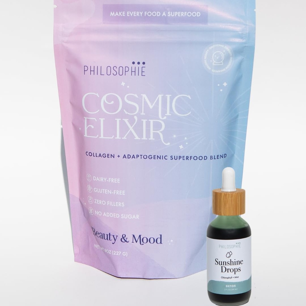Philosophie Sunshine Drops & Magical Elixir Bundle - נוזל Chlorophyll & Superfood אבקת בלגן - All Natural Plant-based 2pack