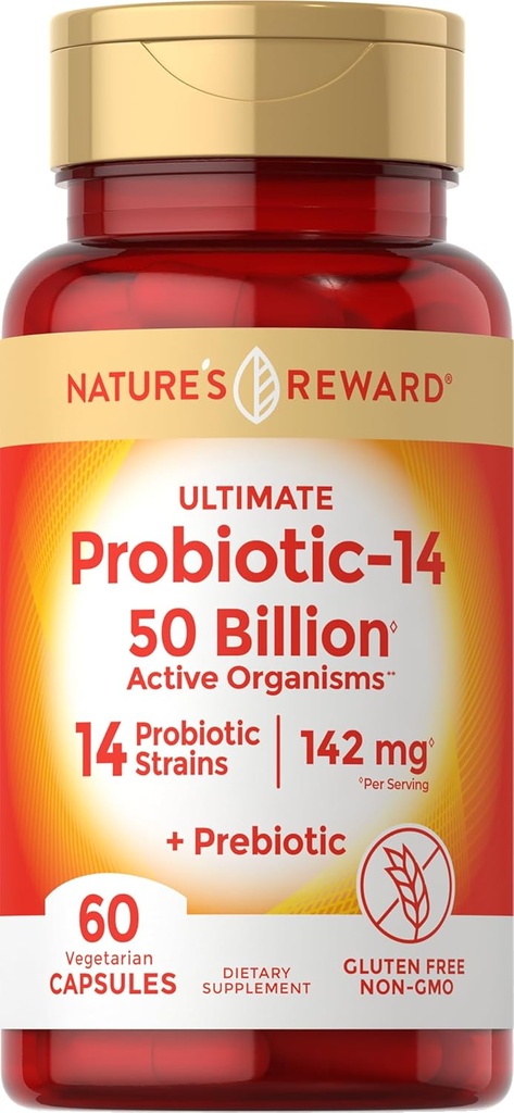 פרוביוטיקה עם Prebiotics - 60 קפסולות - 142 מ"ג - 50 מיליארד אורגניזמים פעילים - Vegetarian, non-GMO & Gluten חינם תוסף - על ידי פרס הטבע