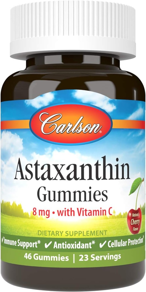 קרלסון - Astaxanthin Gummies, עם ויטמין C, Immune Support, Antioxidant, Heart Health, non-GMO, Cherry Flavor, 46 חניכיים צמחוניות