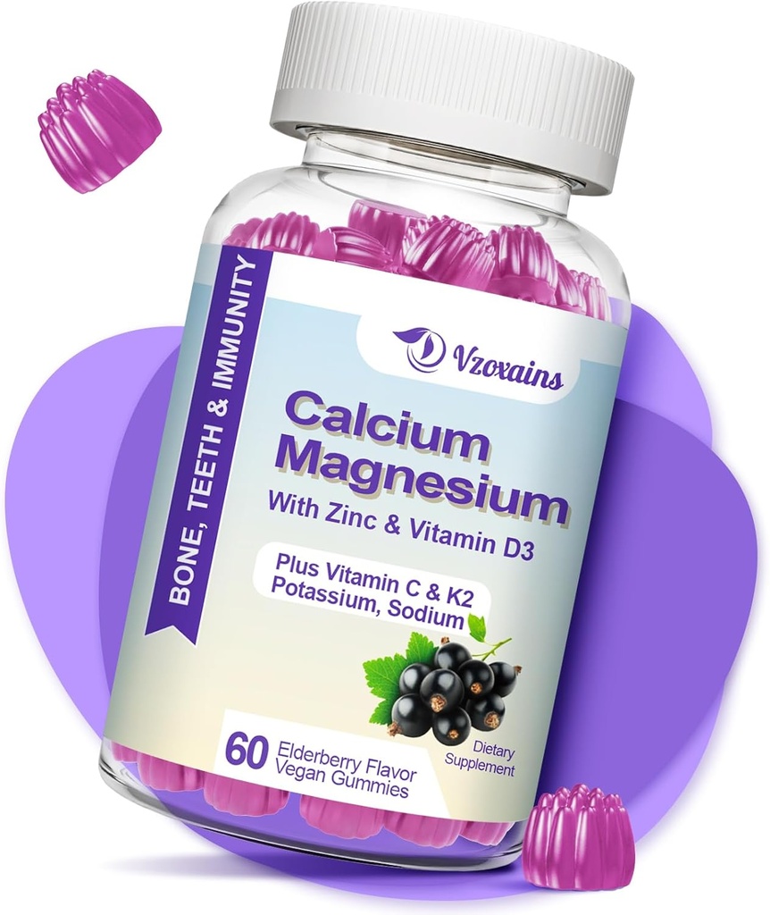 High Absorption Calcium Gummies, סוכר חינם Calcium Magnesium תוספת עם ויטמין D3 עבור B0ne & שיניים כוח, תפקוד שרירים - טבעוני, Elderberry Flavor 60 Ctsss