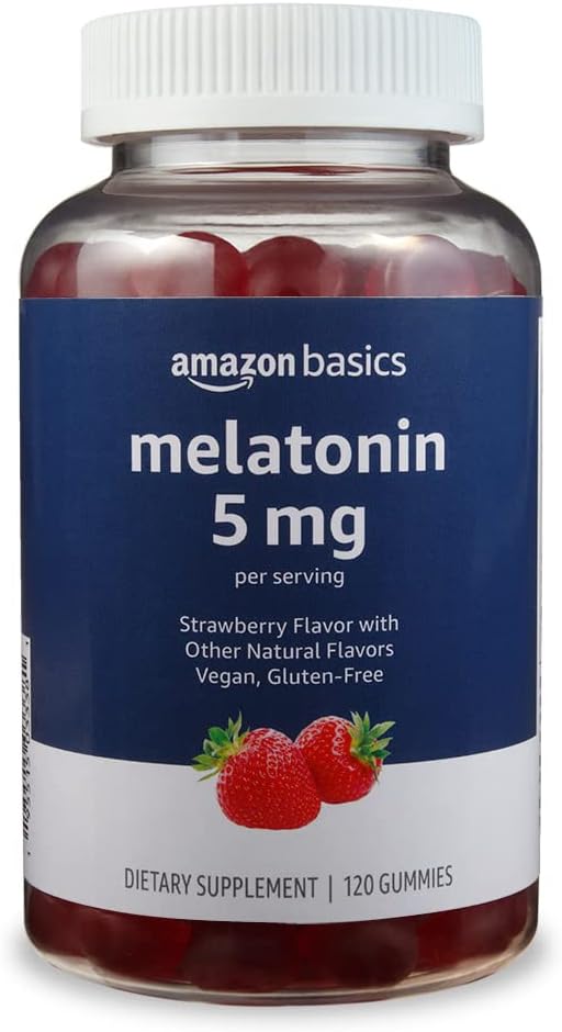 יסודות Melatonin, Sleep Support Gummies, Strawberry Flavor, 5 מ"ג, 120 הרוזן (לשעבר Solimo)