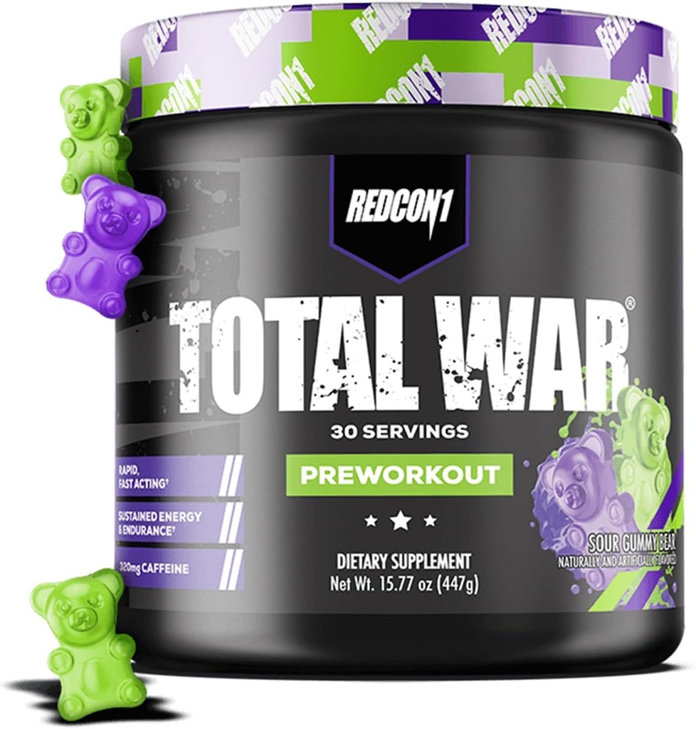 REDCON1 Total War Pre Workout, Sour Gummy Bear - מכיל 320 מ"ג של Caffeine מ תה ירוק, Joiper & Beta Alanine - Pre Work Out with Amino Acids כדי להגדיל את המשאבה, אנרגיה + סיום (30 משרתים)