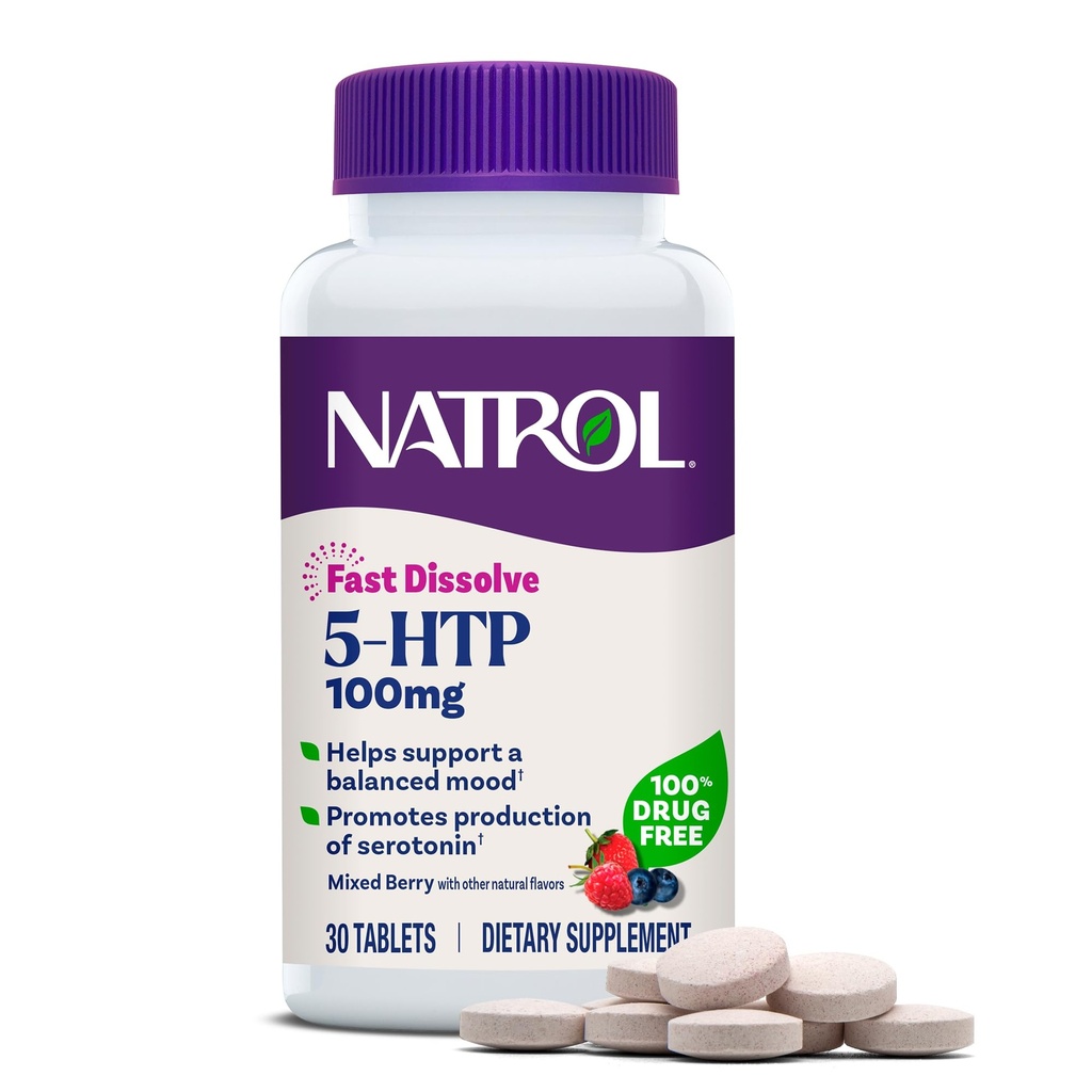 Natrol 5HTP 100 מ"ג, תוסף דיססולב מהיר, תומך ייצור מאוזן, Serotonin ייצור ו- Well-Being, 30 טבליות ברי מעורב, עד 30 יום אספקה