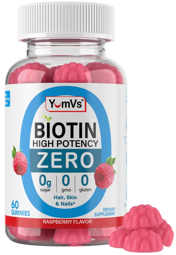 Biotin Gummies סוכר חינם - 5,000 mcg High Potency Biotin לשיער, Skin & Nails - Zero Sugar, non-GMO, Gluten Free, Raspberry Gummies - 60 Count Count