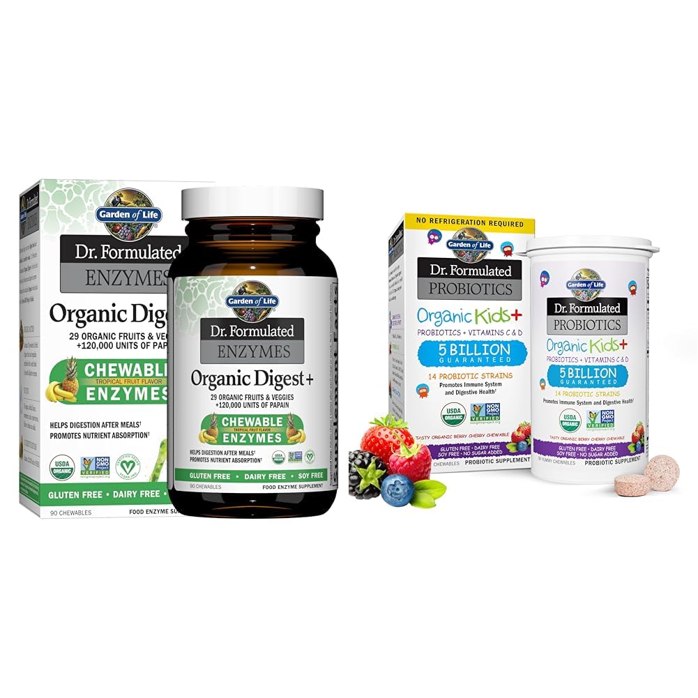 גן החיים Dr Formulated Digestive Enzymes with Papain, Bromelain & Dr. Formulated Probiotics Organic Kids+ Plus ויטמין C & D - ברי צ'רי צ'רי