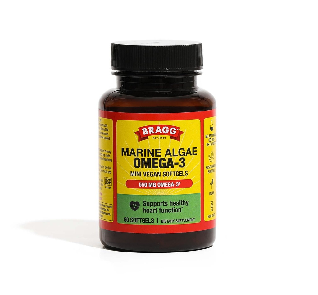 Bragg אומגה 3 קפסולות תוספת עם DHA ו EPA - 60 Softgels טבעוני - Sustainably-Sourced Marine Algae - תמיכה בעין ובמוח בריאות