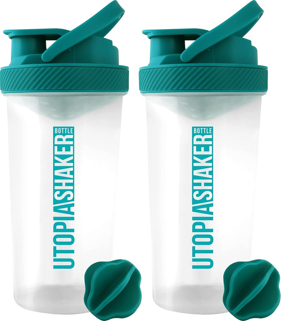 אוטופיה הביתה חלבונים Shaker - (Pack of 2) 28-Ounce Shaker בקבוקים למיקס חלבונים - Fitness Sports Classic Proteiner Shaker Bottle (Clear/Teal)