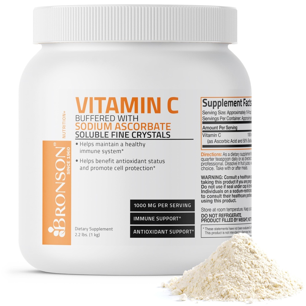 Bronson Buffered ויטמין C אבקת Ascorbic Acid Buffered עם Sodium Ascorbate Soluble Fine Crystals - מקדם מערכת החיסון בריאה והגנה על תאים - אנטי חמצון חזק - 1 קילגרם (2.2 Lbs)