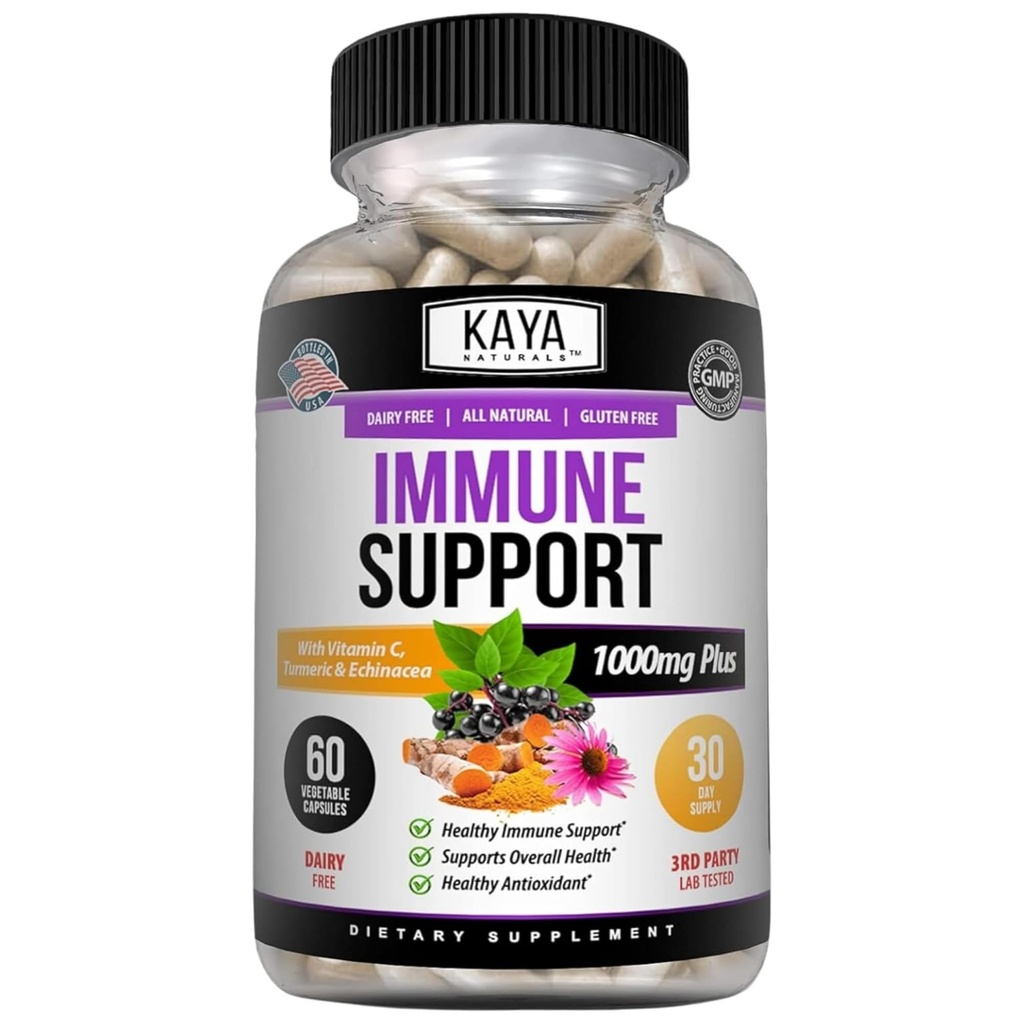 Kaya Naturals Elderberry Immune תמיכה, Elderberry עם Zinc ו ויטמין C עבור ויטמינים מבוגרים, Probiotics & Turmeric 1000 מ"ג מערכת החיסון Booster Sambucus קפסולות - 60 הרוזן הרוזן