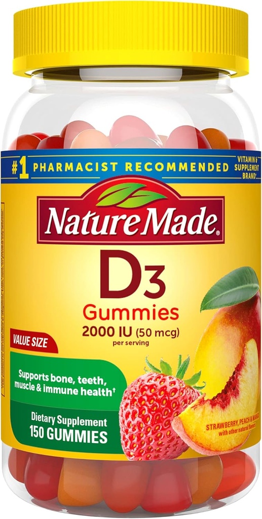 הטבע יצר ויטמין D3, 150 חניכיים, ויטמין D 2000 IU (50 mcg), ויטמין D חניכיים למבוגרים עוזר לתמוך בבריאות החיסון, עצמות חזקות ושיניים, ותפקוד שרירים, 250% מהערך היומי עבור ויטמין D