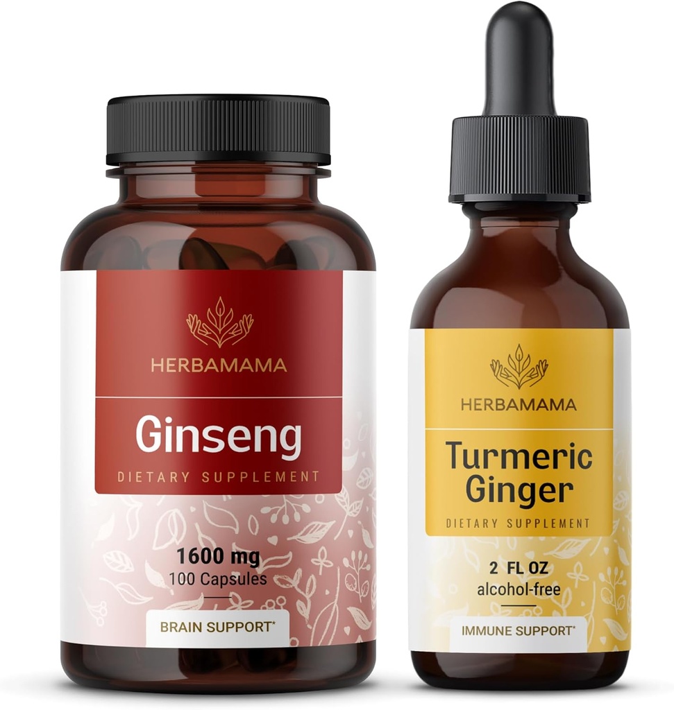 HerBAMAMA הקוריאנית Red גינזנג ו- Turmeric ג'ינג'ר Kit - Bundle of Korean Panax גינזנג קפסולות & Turmeric ג'ינג'ר טיפות - טבעוני, non-GMO, Sugar & Alcohol-Free - 2 Pack