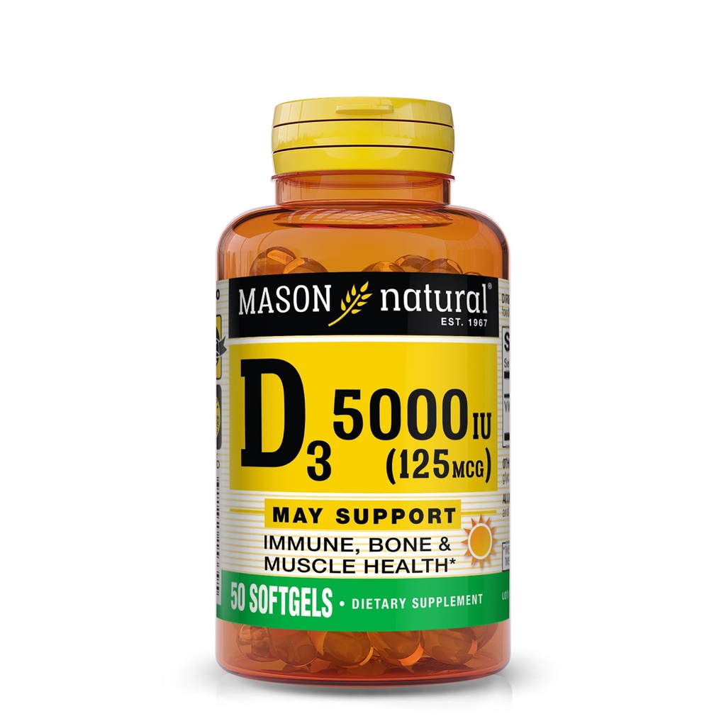 MASON NATURAL ויטמין D3 125 mcg (5000 IU), תומך העצם, שריר ובריאות החיסון, משמן דגים Liver, 50 Softgels, Pack של 3 3
