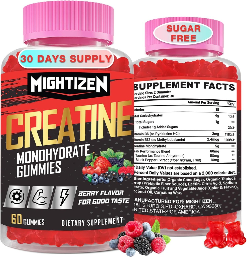Creatine Monohydrate חניכיים עבור גברים ונשים, קריטין עבור נשים צ'כוסות Creatine Monohydrate עם Turine & ויטמין B12, חניכיים טרום עבודה עבור מקס כוח, אנרגיה וסוף, ברי 60 ספירות