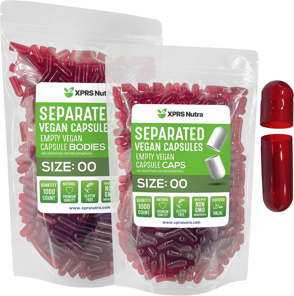XPRS Nutra Vegan Size 00 בנפרד קפסולות - 1000 Count Premium ריקה קפסולות נפרדות ב Bags - 00 Pills ריקה עבור תוסף DIY (Clear Red)