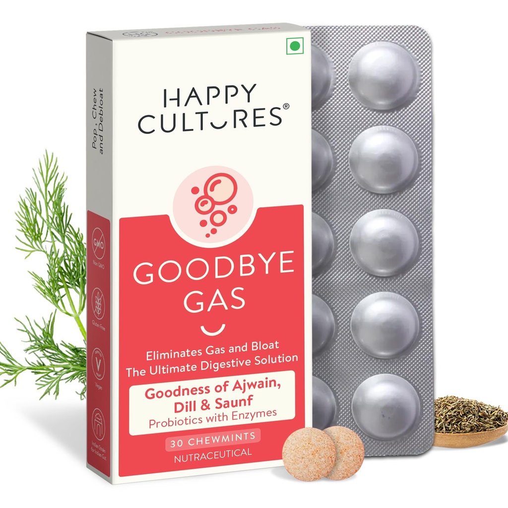 תרבות מאושרת Goodbye Gas, Chewable Gas קפסולות לבריאות העיכול, Bloating and Indigestion with Simethicone 50 מ"ג - 30 Chewables