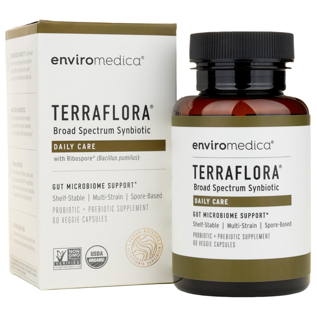Terraflora Daily Care synbiotics of Probiotics and prebiotics for Women and Men 60 ct, Soil Based, Shelf Stable, Allergen Friendly Spore מבוסס קפסולות לקדם את בריאות Gut על ידי Enviromedica