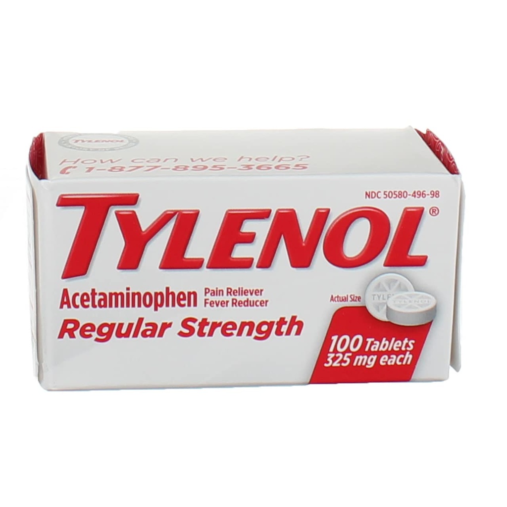 Tilenol Reg Strngth 100's Size 100ct Tylenol 325 מ"ג כוח קבוע כאב Reliever