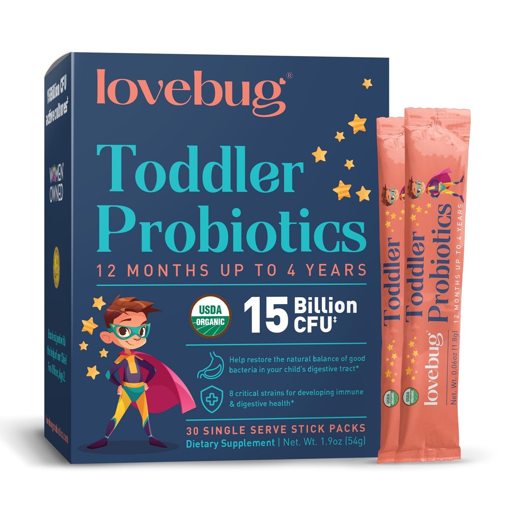 Lovebug Kids Probiotic אבקת עם Prebiotic סיבים - טודילר תמיכה ו- Constipation הקלה - USDA אורגני Probiotics for Childrens Gut & Digestive Health (Ages 1-4) - 30 Pack (Unflaved)