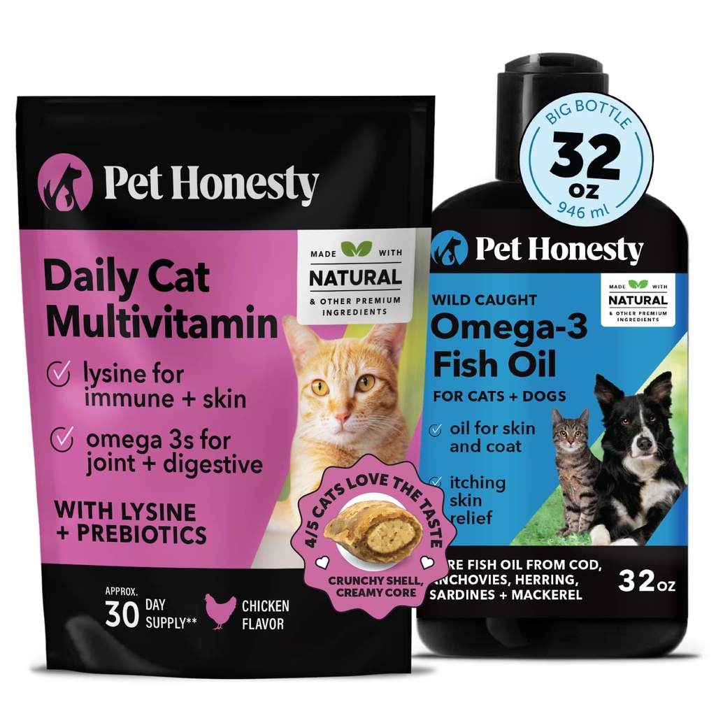 Cat Multivitamin Chews + אומגה 3 שמן שמן דגים עבור כלבים וחתולים - Cat Treats for Health, Immune, תמיכה משותפת, Skin & Coat, Digestion, ו-Allallity