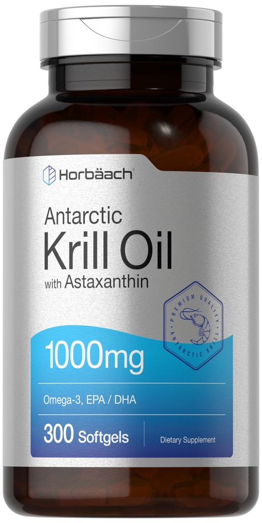 Horbäach אנטארקטיקה קריל 1000 מ"ג Softgels | 300 Count | אומגה 3 תוספי מזון עם Astaxanthin, EPA, DHA | Non-GMO, Gluten Free