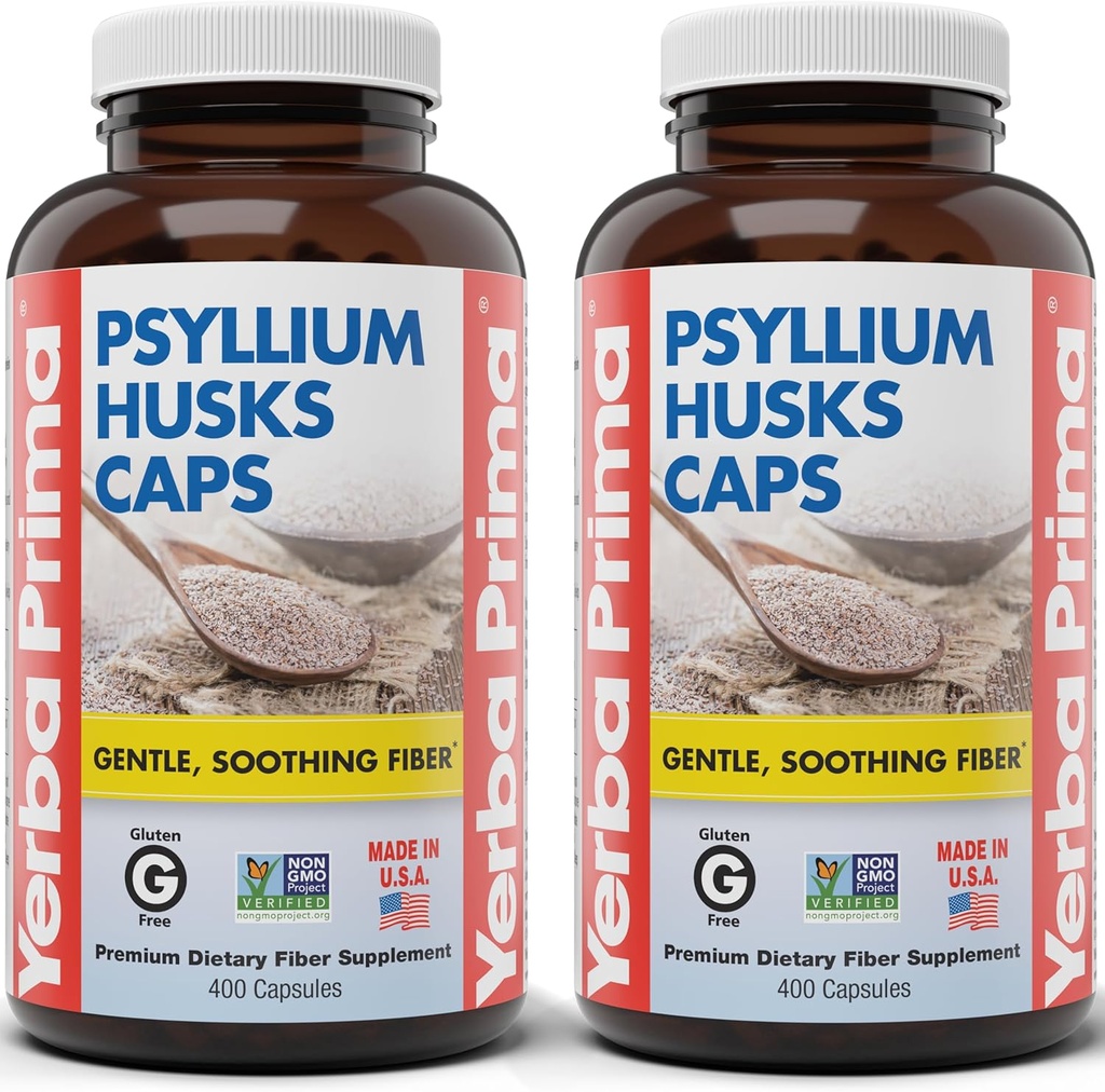 Yerba Prima Psyllium Husks Caps, 625 מ"ג, 400 קפסולות (Pack of 2) - סיבים טבעיים עבור גברים ונשים - תמיכה רגילה תוספת