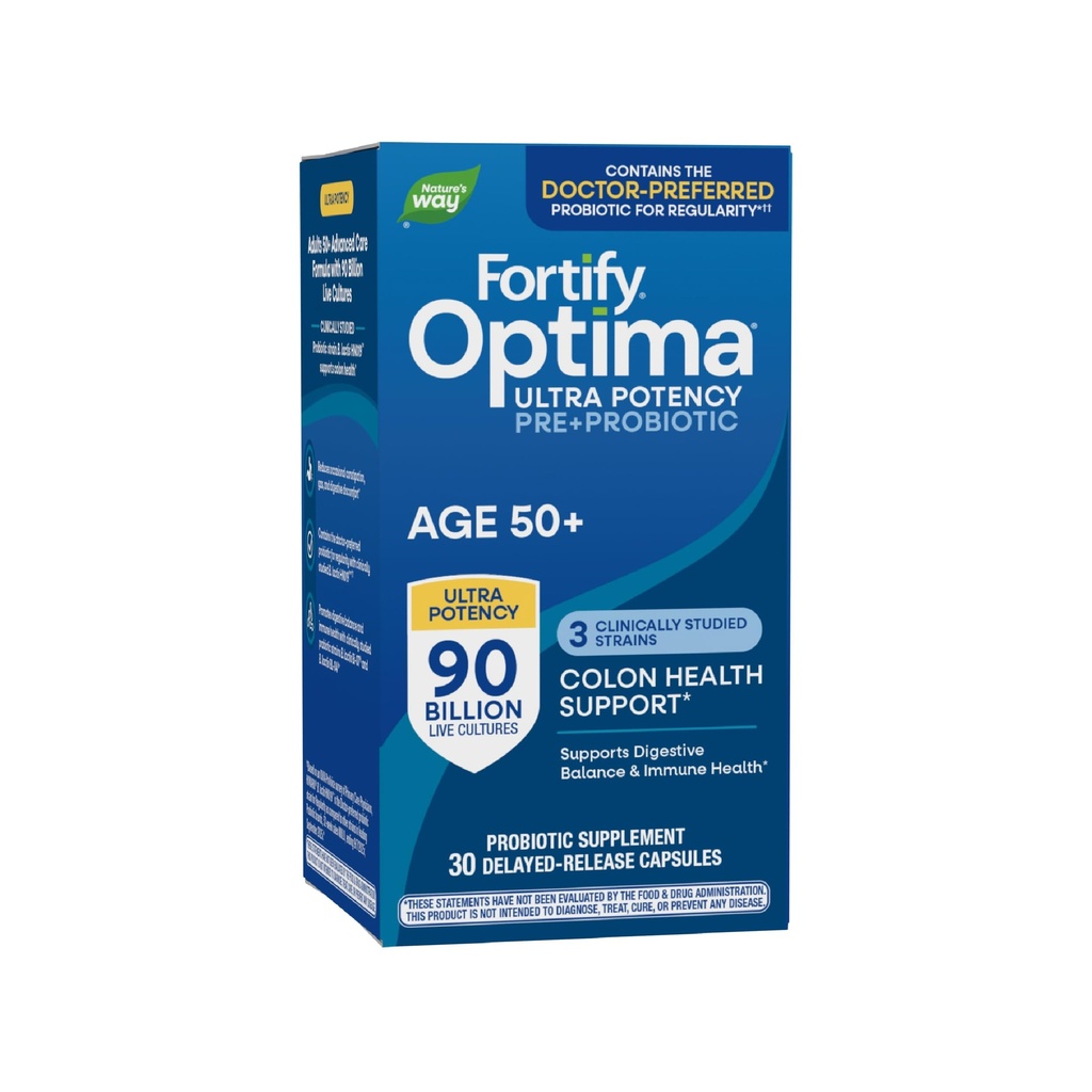 Nature's Way Fortify Optima Probiotic for Adults 50+, 90 מיליארד תרבות חיה, 15 סטרינס, בריאות קולון *, תומך איזון מזיק ובריאות החיסון *, 30 קפסולות (Packaging May Vary)