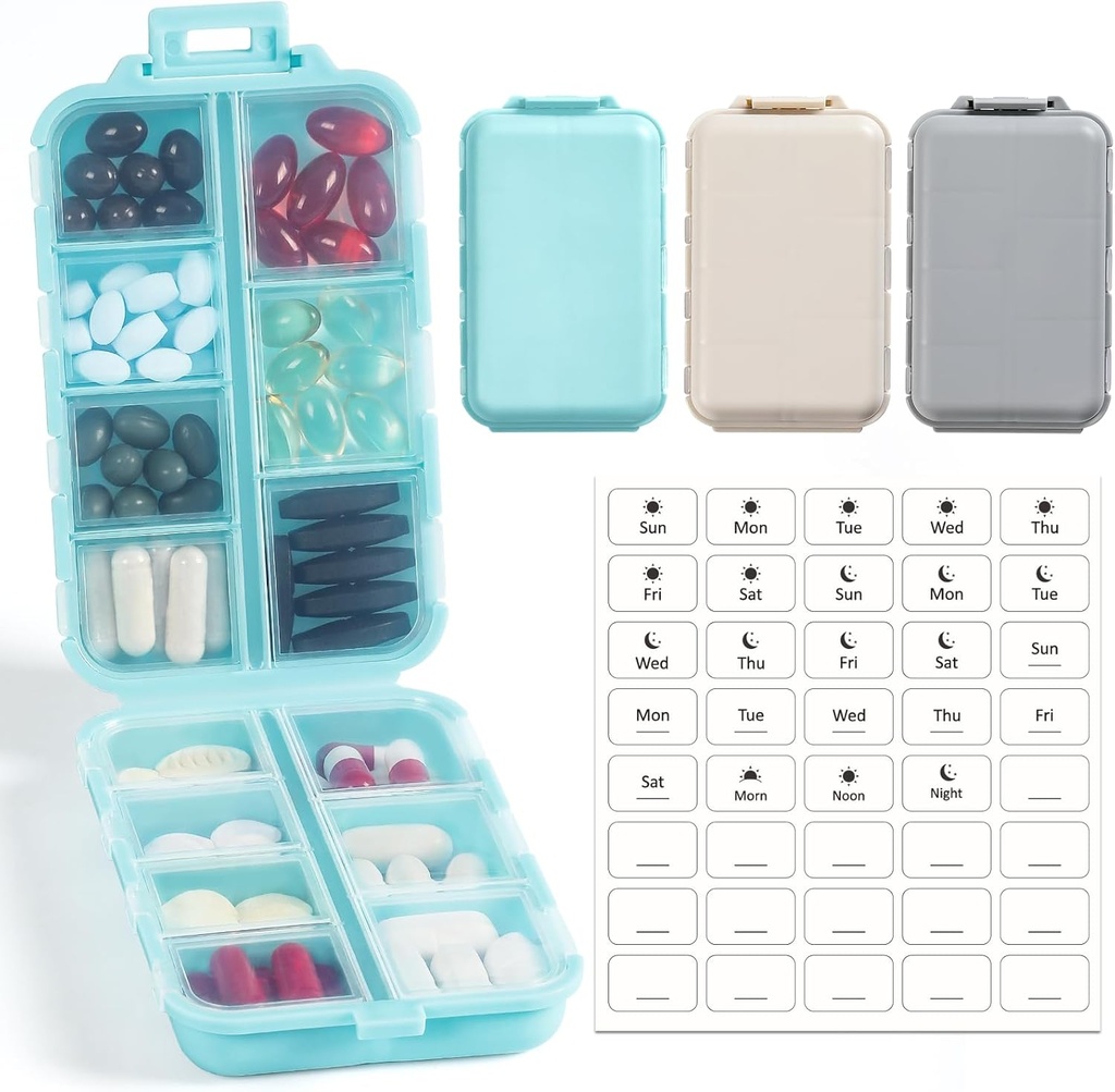 3 Pack, 14 GRIDS Travel Pill Organer Box with Labels - Travel Medicine Case Kit - Pocket Daily Pharmacy Container - Travel Holder Dispenser for Fish Oil תוסף