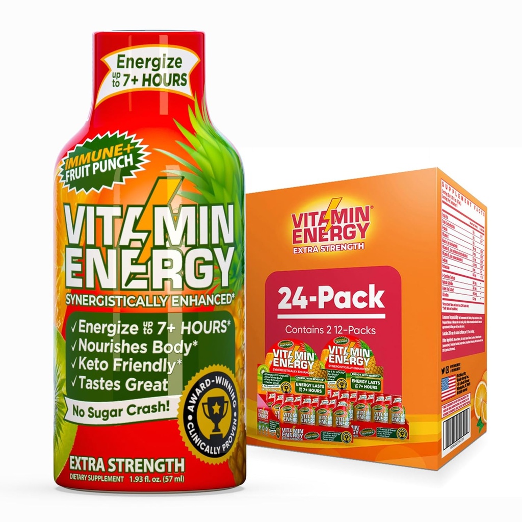 ויטמין אנרגיה Immune+ תוספת אנרגיה ירו פירות Punch 24 Pack, 260 מ"ג טבעי Caffeine, B-Vitamins, Citicoline, תה ירוק, Immunity & Focus Support, Zero Sugar, Gluten-Free1.93 floz oz