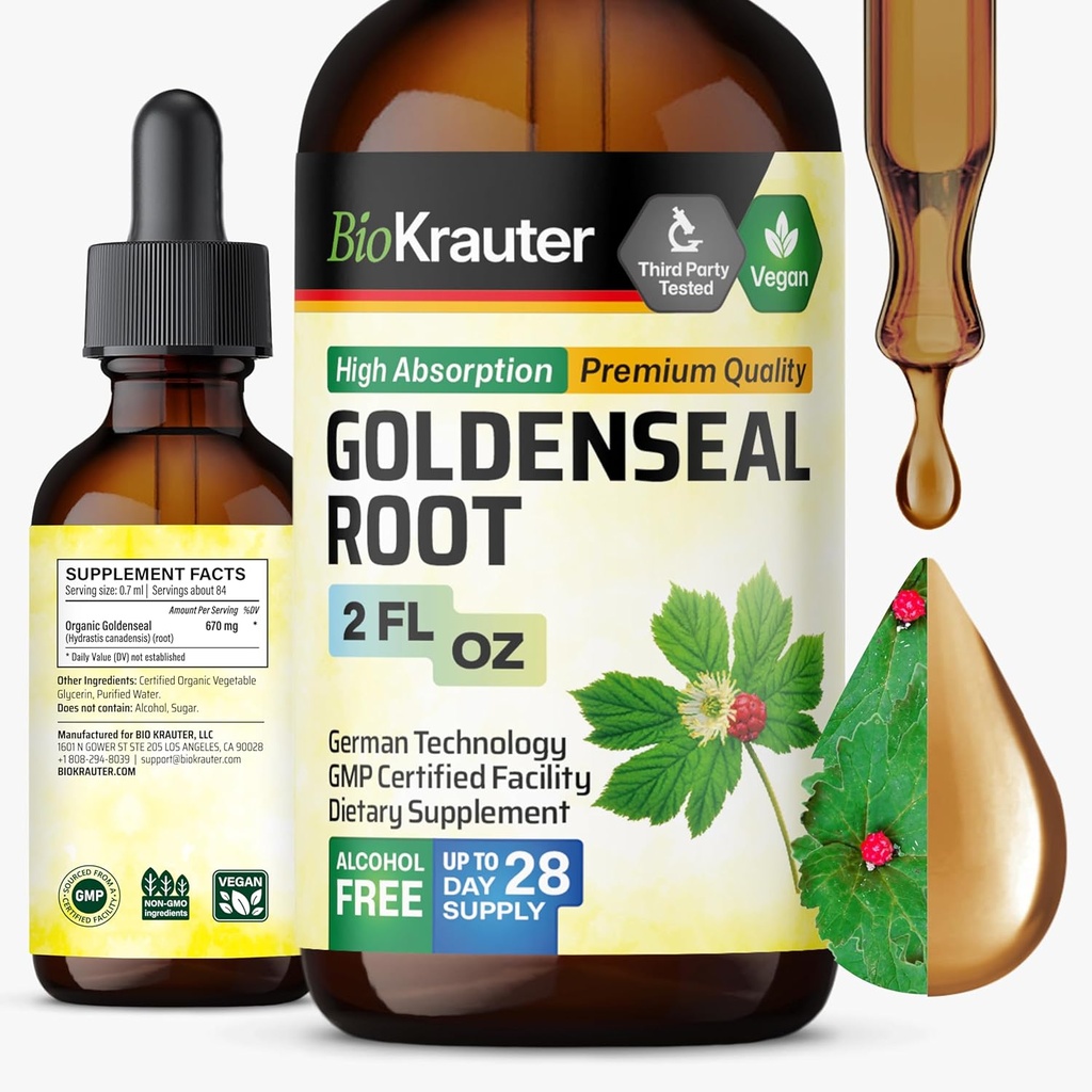 BIO KRAUTER Goldenseal Root Extraction - תמיכה ב-Golden Respiratory Support - Golden Seal Drops - Alcohol & Sugar Free - 2 Fl.Oz.