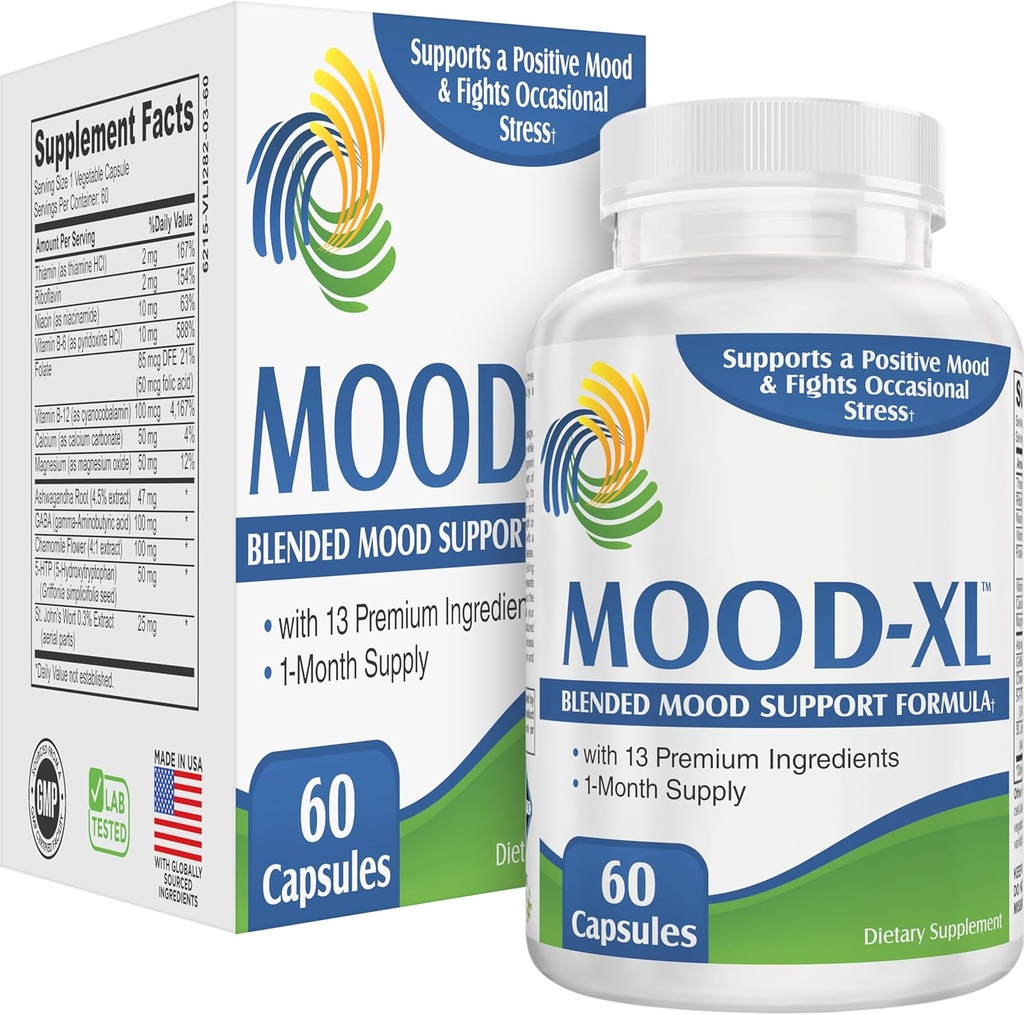 Mood-XL: 30 יום Mood Support Supplement (All-in-1 בלנדר) עם 13 רכיבים פעילים יעילים | תוספי Mood בריאים ווויטמינים | 1-Month Supplys | 60 קפסולות