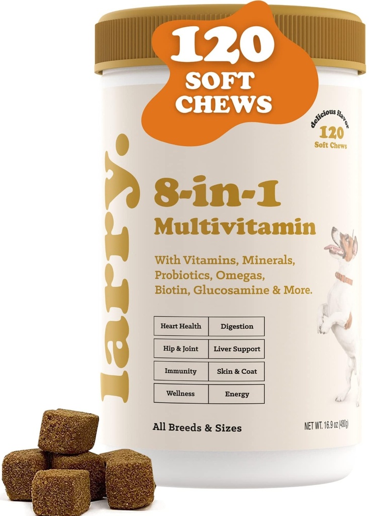 8-in-1 Multivitamin תוסף על ידי לארי | Heart, Digest, Liver, Skin, Coat, & Joint Support Supplement for Dogs | עם ויטמינים, מינרלים, אומגה, ו- Glucosamine Chondroitin