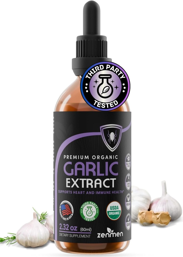 Zenmen אורגני Garlic Cloves לחלץ (Odorless Tincture) - תמיכה כספית, מקור אנטי-חמצן - 2.32 oz / 60 מ"ל, טבעוני, Manufactured בארה"ב